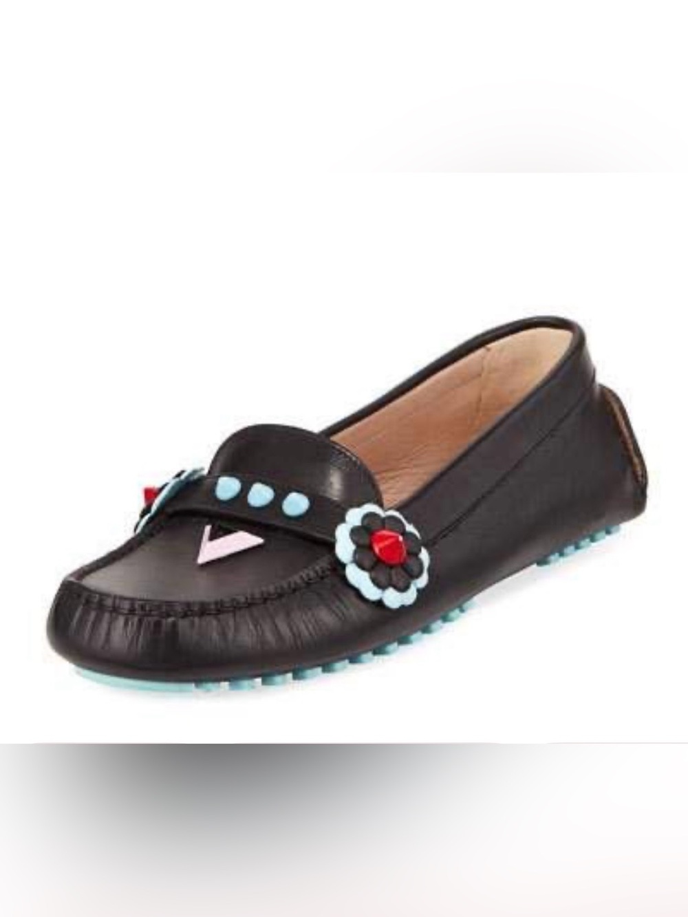 Fendi Fendigraphy Black Leather Floral-Embellished Loafers, Size 38